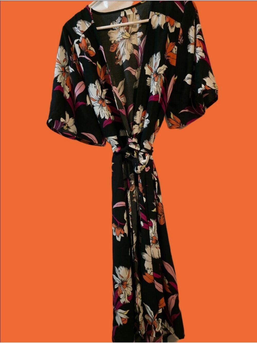 4/$67 Deal! Vintage Black Floral Wrap Robe with White, Orange, and Pink Accents